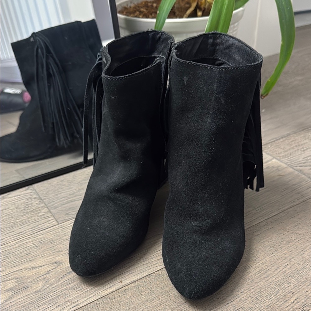 Black Suede Fringe Ankle Boots